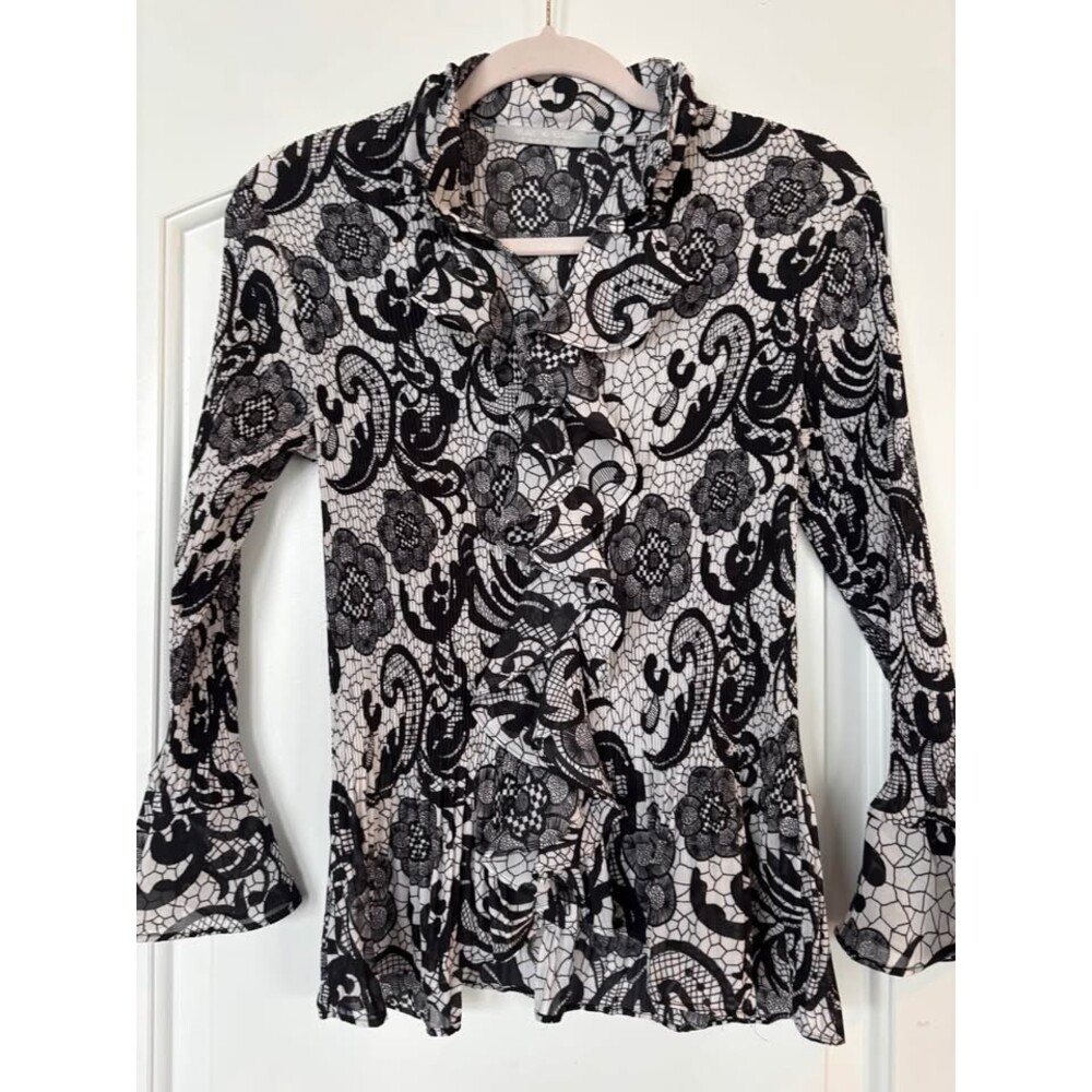 Women’s medium black and white lace blouse bell sleeves ruffle  whimsy goth fair